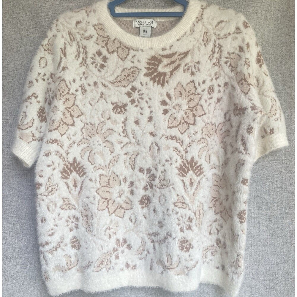 Rachel Zoe Eyelash Sweater 1X Ivory Blush Floral Fuzzy Soft Knit Plus Size Top